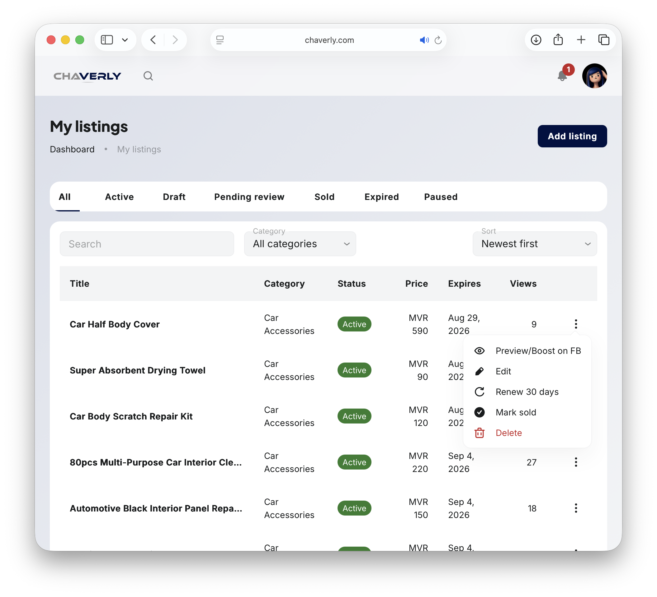 My listings menu with Preview/Boost on FB